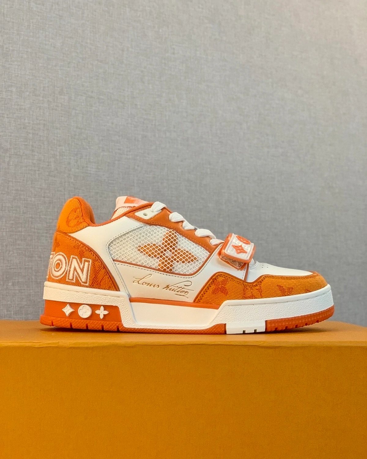 Louis Vuitton Trainer Low 'Velcro Strap - Orange Monogram Denim'